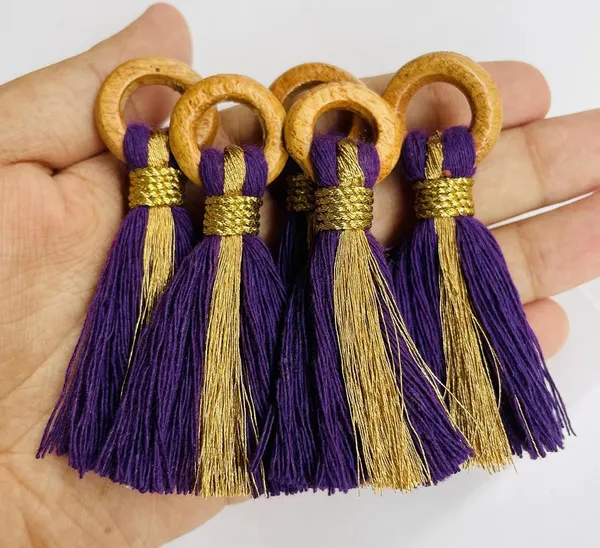 Dark_Purple_Cotton_Handmade_Mini_Tassels_With_Mini_Ring_&_Gold_Zari_,__Pack_Of_10