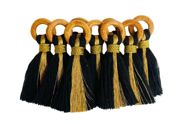 Black_Cotton_Handmade_Mini_Tassels_With_Mini_Ring_&_Gold_Zari_,__Pack_Of_10