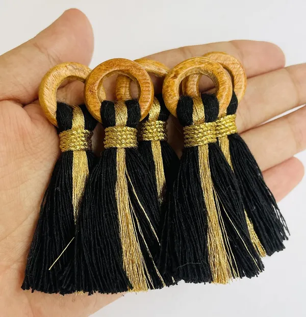 Black_Cotton_Handmade_Mini_Tassels_With_Mini_Ring_&_Gold_Zari_,__Pack_Of_10