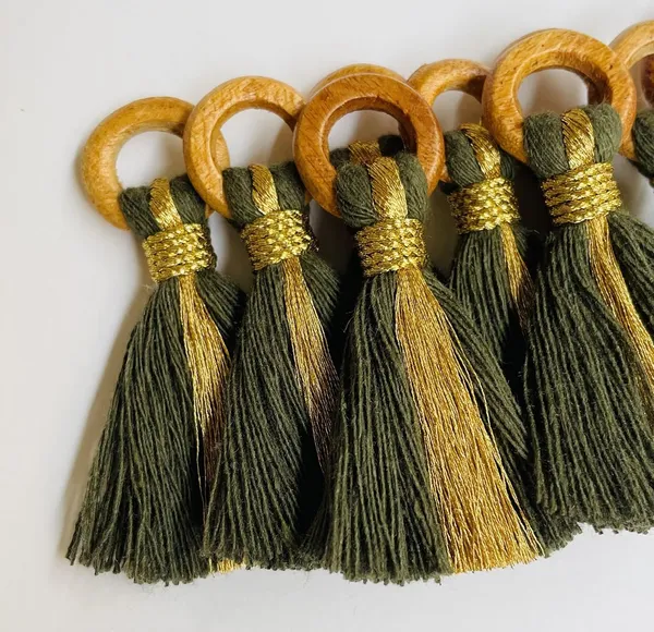 Military_Green_Cotton_Handmade_Mini_Tassels_With_Mini_Ring_&_Gold_Zari_,__Pack_Of_10