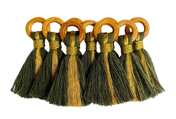 Military_Green_Cotton_Handmade_Mini_Tassels_With_Mini_Ring_&_Gold_Zari_,__Pack_Of_10