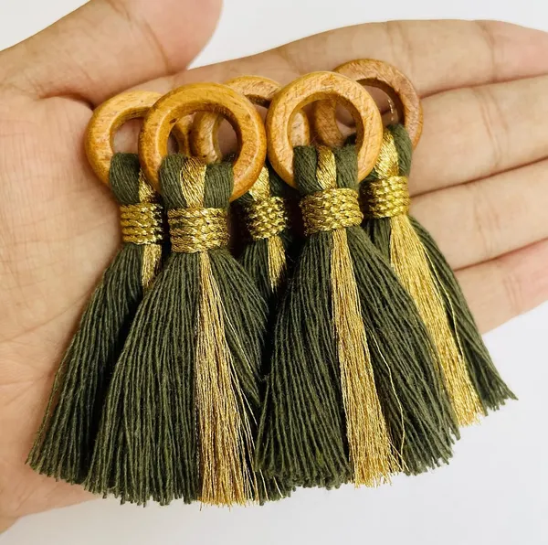 Military_Green_Cotton_Handmade_Mini_Tassels_With_Mini_Ring_&_Gold_Zari_,__Pack_Of_10