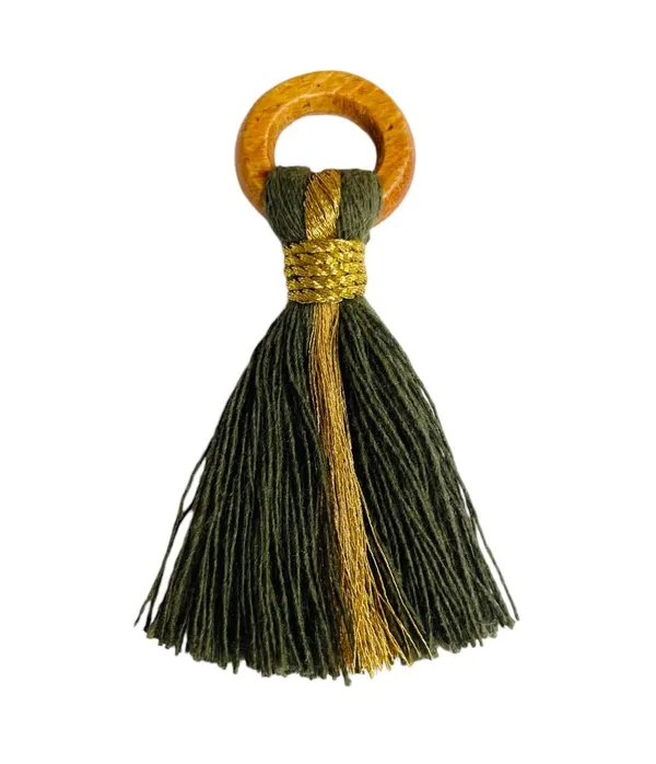 Military_Green_Cotton_Handmade_Mini_Tassels_With_Mini_Ring_&_Gold_Zari_,__Pack_Of_10