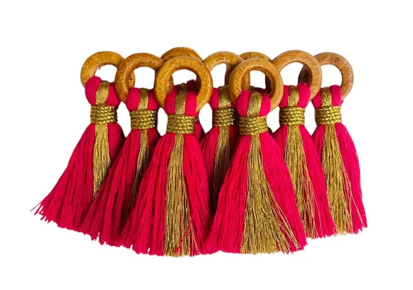 Dark_Pink_Cotton_Handmade_Mini_Tassels_With_Mini_Ring_&_Gold_Zari_,__Pack_Of_10