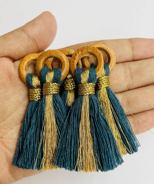 Prussian_Blue_Cotton_Handmade_Mini_Tassels_With_Mini_Ring_&_Gold_Zari_,__Pack_Of_10