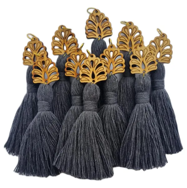 Dark_Grey_Mini_Cotton_Handmade__Tassels_with_wooden_leaf_,_Pack_of_10