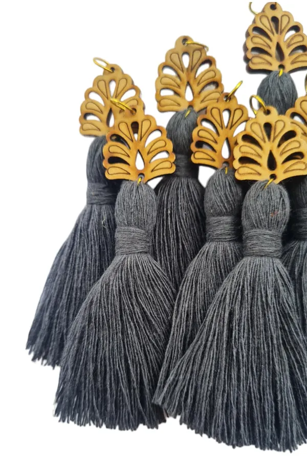 Dark_Grey_Mini_Cotton_Handmade__Tassels_with_wooden_leaf_,_Pack_of_10