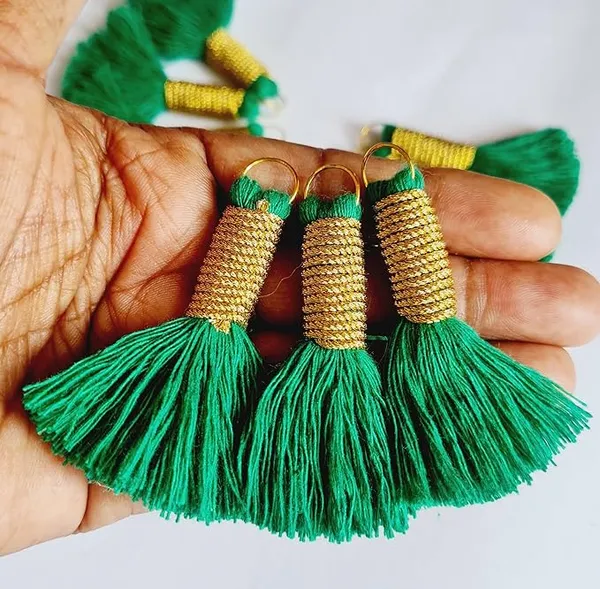 Mini_Cotton_Handmade_Tassels_With_Zari_Winding,_Pack_Of_10_(Dark_Green)