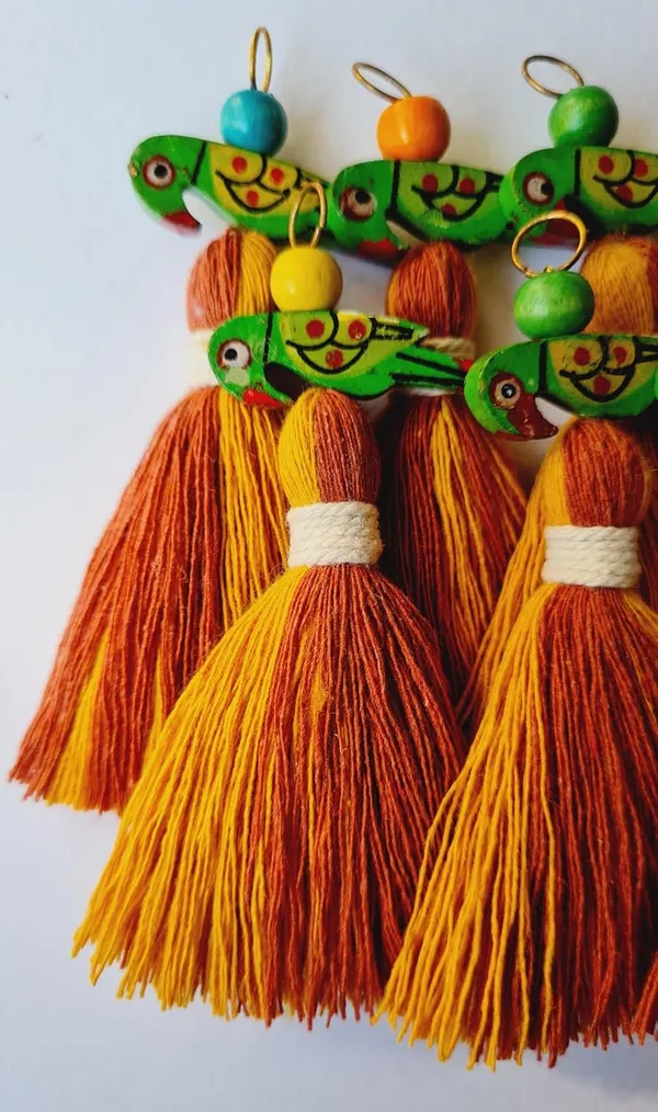 Mini_Cotton_Tassels_with_Parrots_(Pack_of_10)_(Dual-Mustard_&_Rust_Brown)