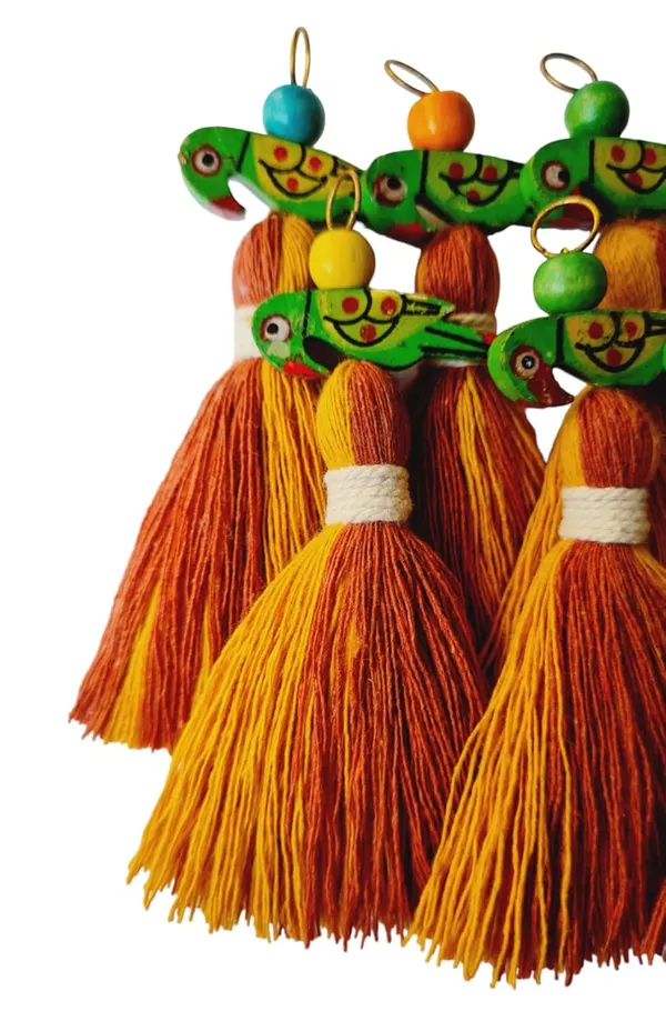 Mini_Cotton_Tassels_with_Parrots_(Pack_of_10)_(Dual-Mustard_&_Rust_Brown)