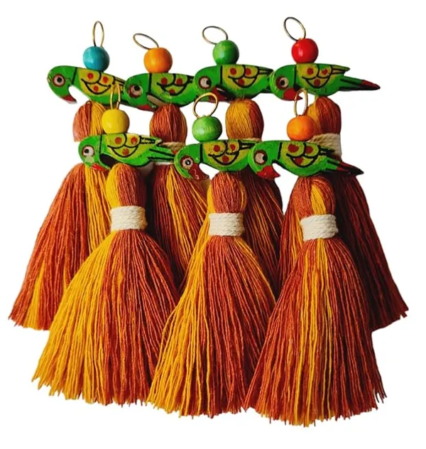 Mini_Cotton_Tassels_with_Parrots_(Pack_of_10)_(Dual-Mustard_&_Rust_Brown)