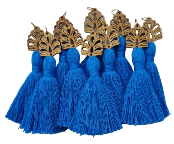 Firozi_Mini_Cotton_Handmade__Tassels_with_wooden_leaf_,_Pack_of_10