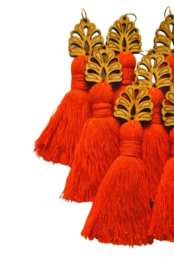 Orange_Mini_Cotton_Handmade__Tassels_with_wooden_leaf_,_Pack_of_10