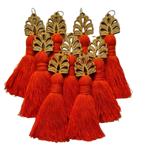 Orange_Mini_Cotton_Handmade__Tassels_with_wooden_leaf_,_Pack_of_10