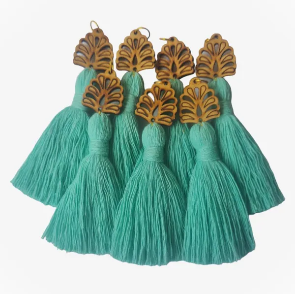 Turquoise_Blue_Mini_Cotton_Handmade__Tassels_with_wooden_leaf_,_Pack_of_10