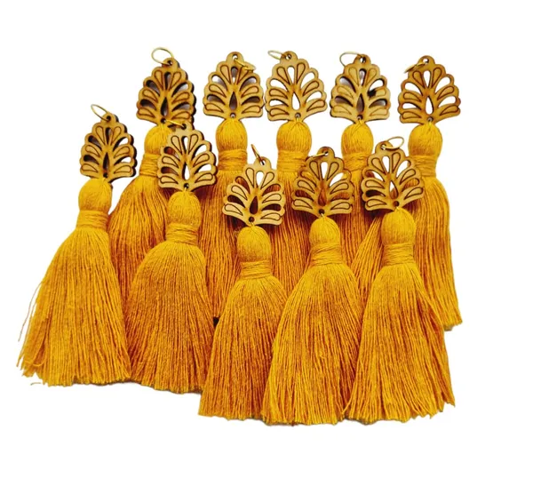 Mustard_Mini_Cotton_Handmade_Tassels_with_wooden_leaf_,_Pack_of_10