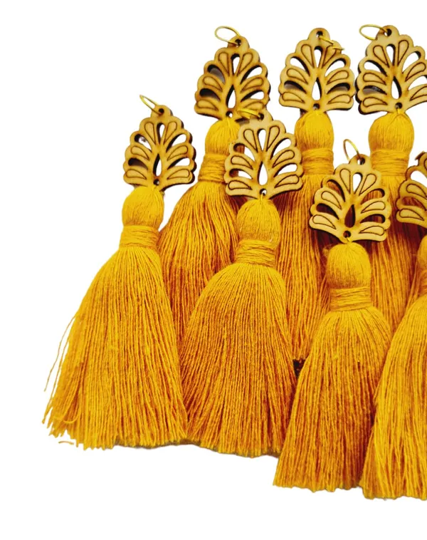 Mustard_Mini_Cotton_Handmade_Tassels_with_wooden_leaf_,_Pack_of_10