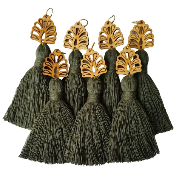 Military_Green_Mini_Cotton_Handmade_Tassels_with_wooden_leaf_,_Pack_of_10