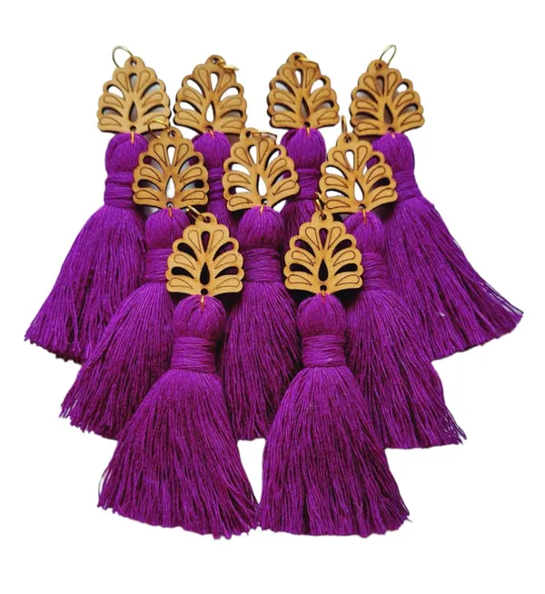 Purple_Mini_Cotton_Handmade__Tassels_with_wooden_leaf_,_Pack_of_10