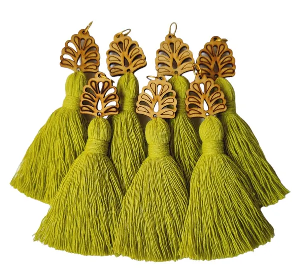 Olive_Green_Mini_Cotton_Handmade__Tassels_with_wooden_leaf__,_Pack_of_10