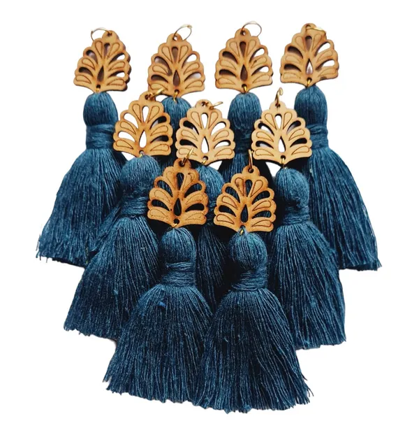 Prussian_Blue_Mini_Cotton_Handmade__Tassels_with_wooden_leaf__,_Pack_of_10