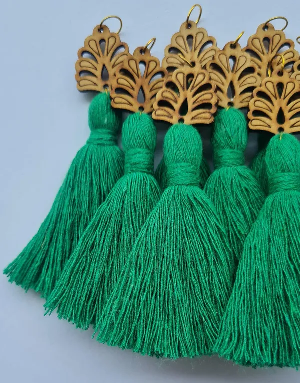 Dark_Green_Mini_Cotton_Handmade__Tassels_with_wooden_leaf_,_Pack_of_10