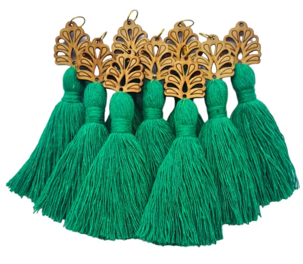 Dark_Green_Mini_Cotton_Handmade__Tassels_with_wooden_leaf_,_Pack_of_10