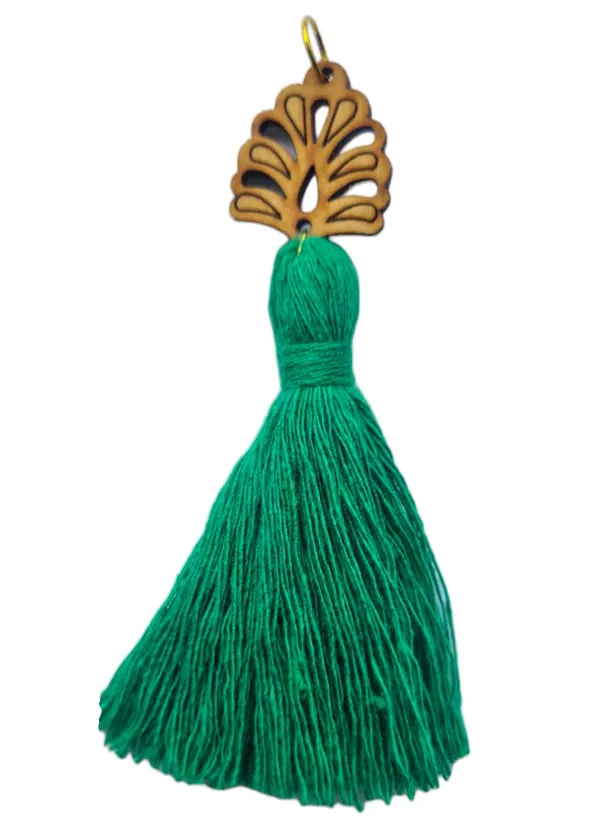 Dark_Green_Mini_Cotton_Handmade__Tassels_with_wooden_leaf_,_Pack_of_10