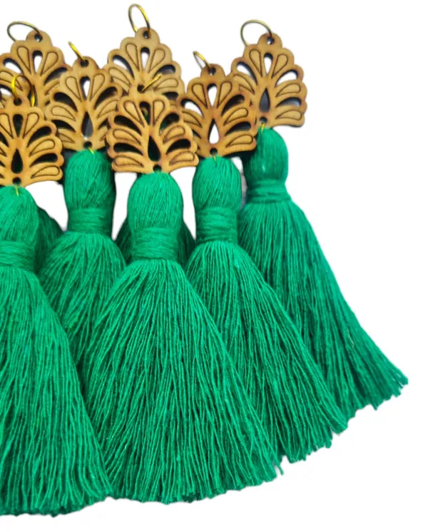 Dark_Green_Mini_Cotton_Handmade__Tassels_with_wooden_leaf_,_Pack_of_10