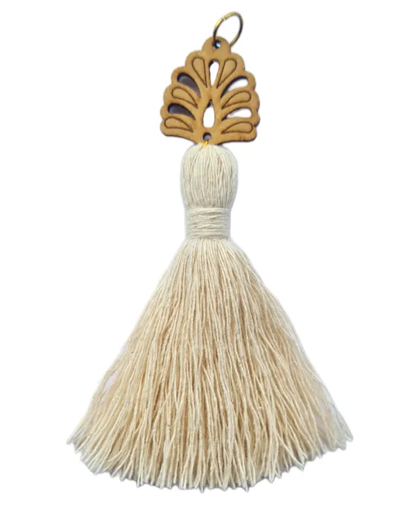 Off-white_Mini_Cotton_Handmade_Tassels_with_wooden_leaf_,_Pack_of_10