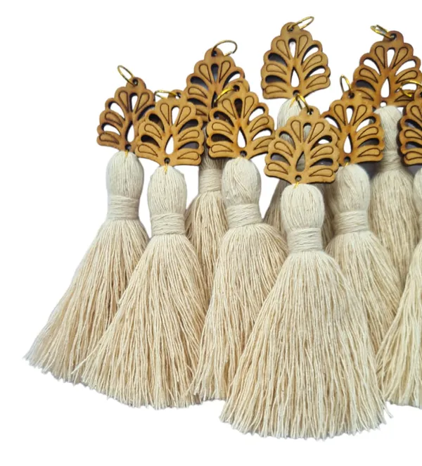 Off-white_Mini_Cotton_Handmade_Tassels_with_wooden_leaf_,_Pack_of_10