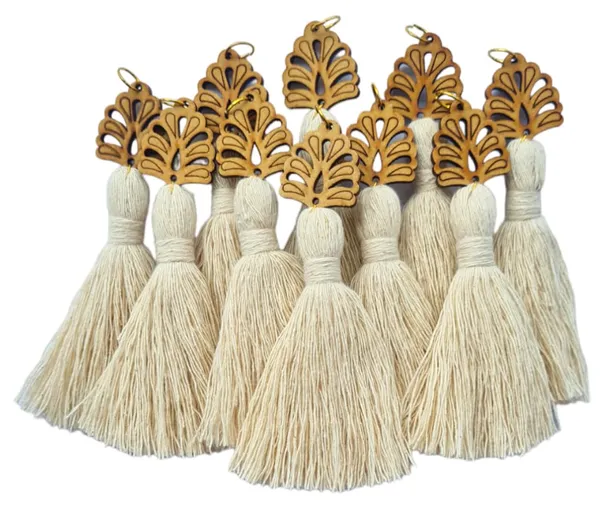 Off-white_Mini_Cotton_Handmade_Tassels_with_wooden_leaf_,_Pack_of_10