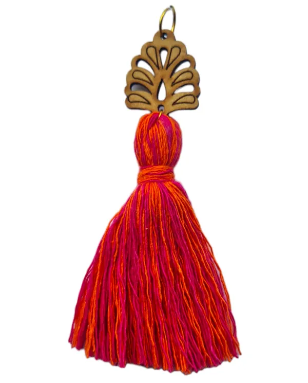 Mix-Pink_&_Orange_Mini_Cotton_Handmade__Tassels_with_wooden_leaf_,_Pack_of_10