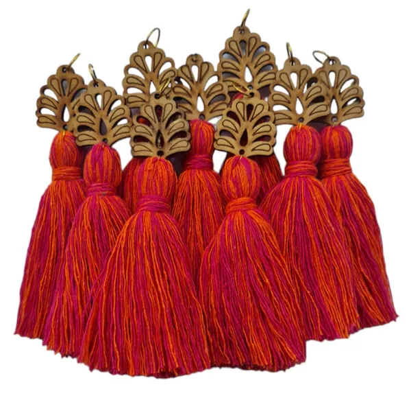 Mix-Pink_&_Orange_Mini_Cotton_Handmade__Tassels_with_wooden_leaf_,_Pack_of_10