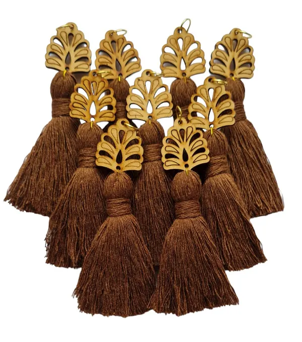 Chocolate_Brown_Mini_Cotton_Handmade__Tassels_with_wooden_leaf__,_Pack_of_10