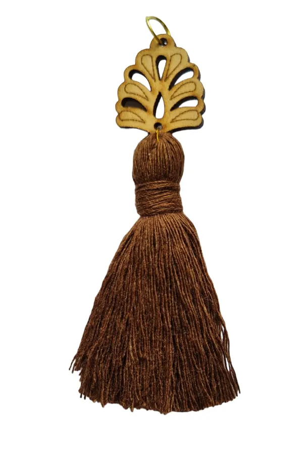 Chocolate_Brown_Mini_Cotton_Handmade__Tassels_with_wooden_leaf__,_Pack_of_10