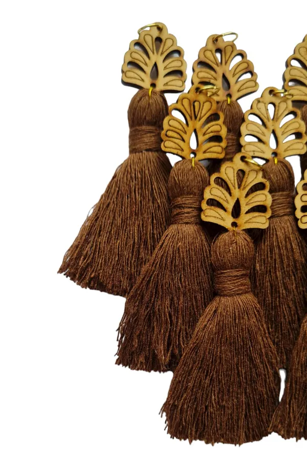 Chocolate_Brown_Mini_Cotton_Handmade__Tassels_with_wooden_leaf__,_Pack_of_10