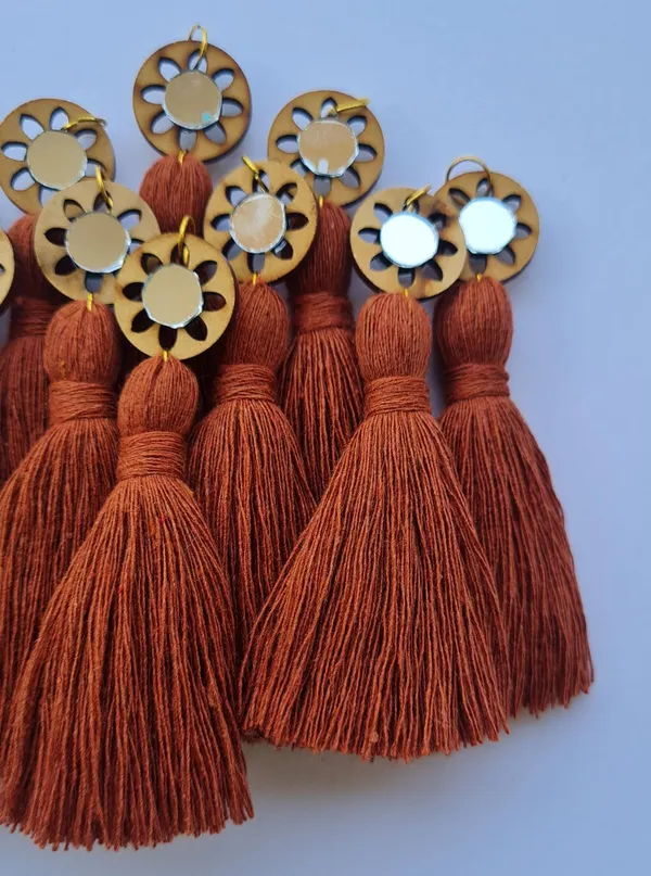 Rust_Brown_Mini_Cotton_Handmade__Tassels_with_mirrors_,_Pack_of_10