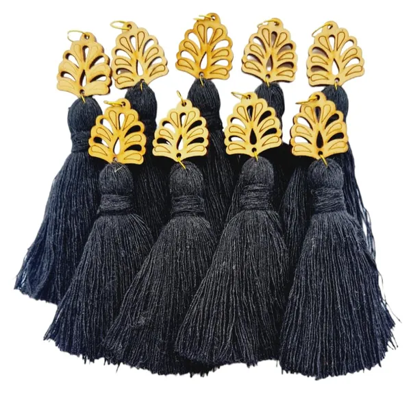 Black_Mini_Cotton_Handmade__Tassels_with_wooden_leaf_,_Pack_of_10