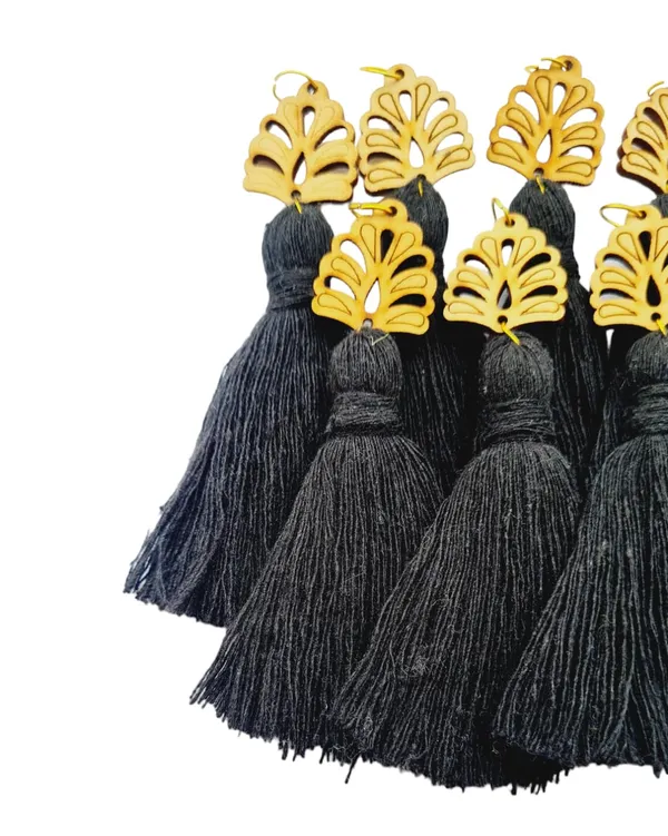 Black_Mini_Cotton_Handmade__Tassels_with_wooden_leaf_,_Pack_of_10