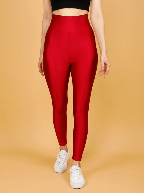 Strawberry_Red_Nylon_High_Waist_Shimmer_&_Glossy_Leggings_For_Women_&_Girls