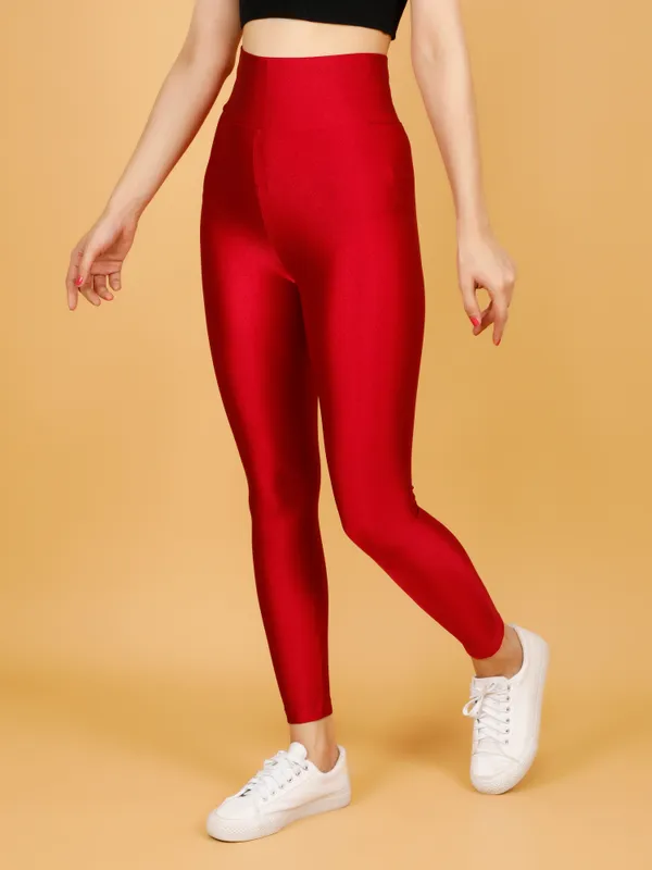 Strawberry_Red_Nylon_High_Waist_Shimmer_&_Glossy_Leggings_For_Women_&_Girls