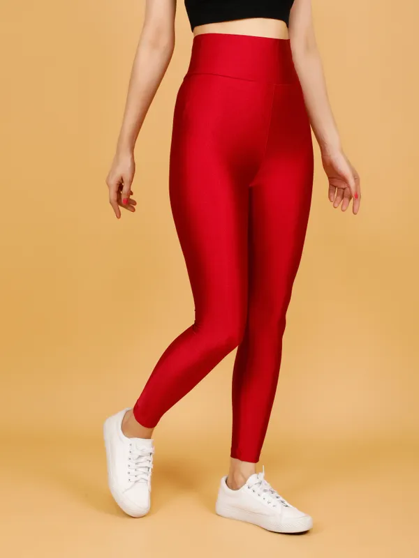 Strawberry_Red_Nylon_High_Waist_Shimmer_&_Glossy_Leggings_For_Women_&_Girls
