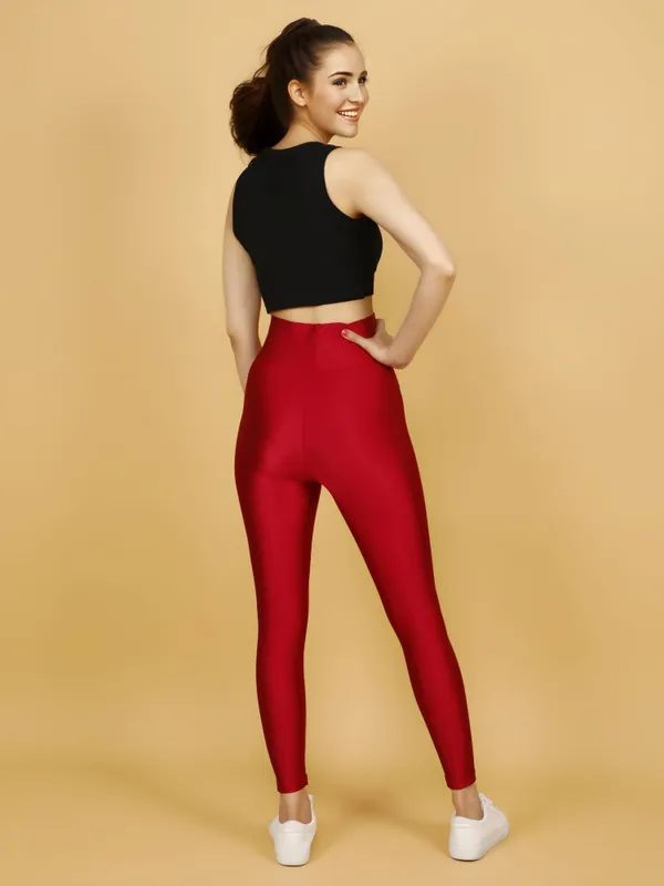 Strawberry_Red_Nylon_High_Waist_Shimmer_&_Glossy_Leggings_For_Women_&_Girls