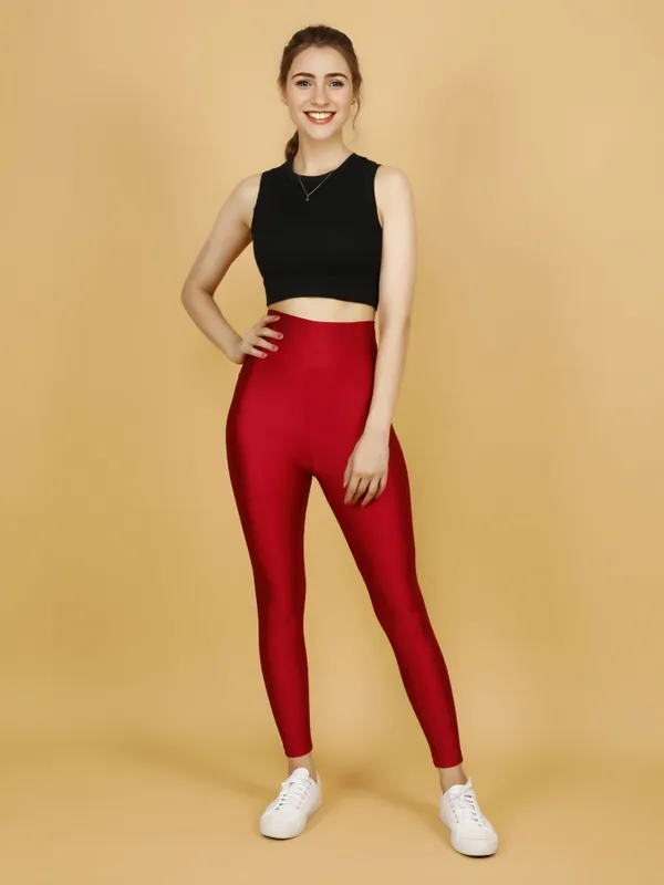 Strawberry_Red_Nylon_High_Waist_Shimmer_&_Glossy_Leggings_For_Women_&_Girls