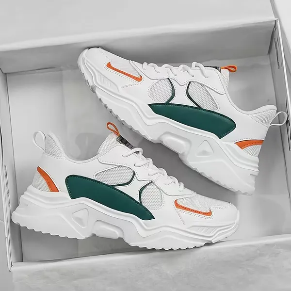 890_GREEN_-_Chunky_Running_Sneakers_–_White_Green_&_Orange_Colorblock_Lightweight_Casual_Sports_Shoes