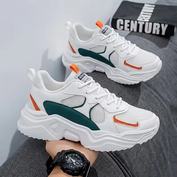 890_GREEN_-_Chunky_Running_Sneakers_–_White_Green_&_Orange_Colorblock_Lightweight_Casual_Sports_Shoes