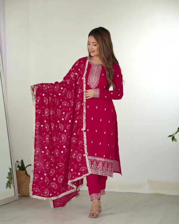 Dark_Pink_Pure_Silk_Blooming_Rangoli_Kurta,_Pant_&_Dupatta_For_Women