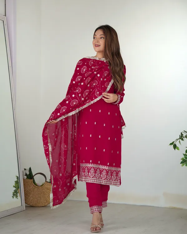Dark_Pink_Pure_Silk_Blooming_Rangoli_Kurta,_Pant_&_Dupatta_For_Women