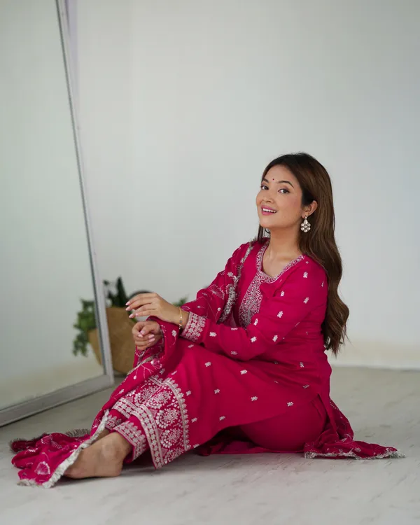 Dark_Pink_Pure_Silk_Blooming_Rangoli_Kurta,_Pant_&_Dupatta_For_Women